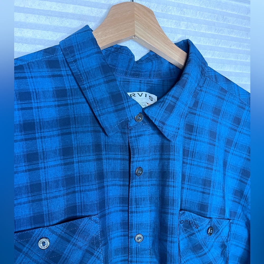 ORVIS Men’s short sleeve tech shirt XXL Quick Dry Blue Black Plaid
